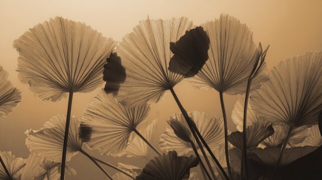 Numerous fan shaped plant leaves are backlit against a bright, warm toned sky