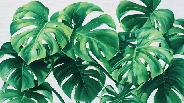 Large, deeply lobed green tropical foliage fills the frame against a light background