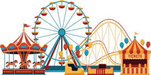 Circus carnival element set with amusement park icons including carousel, ferris wheel, tent and roller coaster on white background © Mst