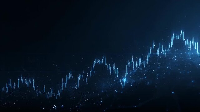 Futuristic glowing blue digital data stream and chart motion graphics with particles on black background representing technology and financial growth in abstract futuristic style.