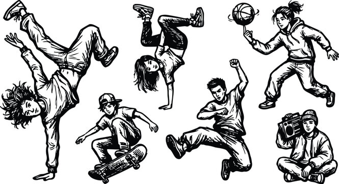 Line art dynamic street dancers and skateboarders performing tricks and poses black and white vector art