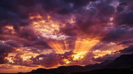 Obraz premium Dramatic sunset sky with golden sun rays breaking through dark clouds