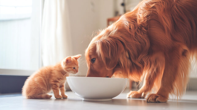 Golden retriever dog and a small ginger kitten share a bowl of food together.