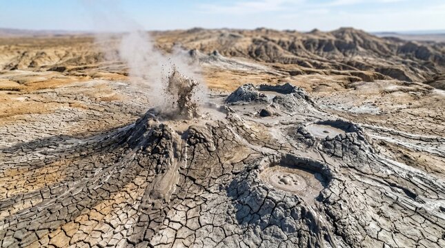Erupting mud volcano landscape in Gobustan desert, Azerbaijan