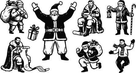 Obraz premium Black and white line art santa claus group with sacks gifts lantern and candy cane