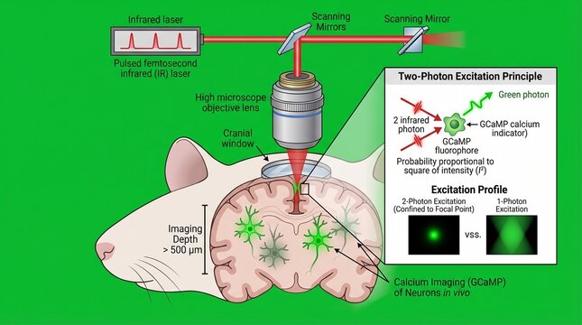 A scientific illustration of a mouse brain with a detailed diagram of the two-photon excitation principle for calcium imaging of neurons in vivo