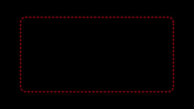 Dotted line rectangle frame animation on a black background. Animation of a dotted line path from left to right point.