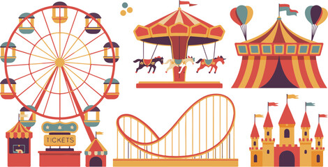 Circus carnival element set with amusement park icons including carousel, ferris wheel, tent and roller coaster on white background © Mst