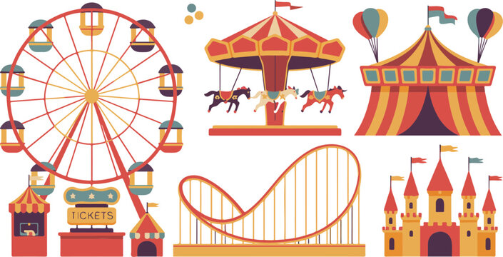 Circus carnival element set with amusement park icons including carousel, ferris wheel, tent and roller coaster on white background