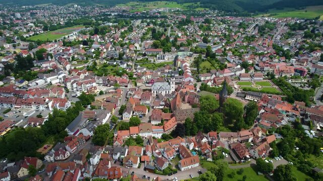 Aerial view of the old town of the city Erbach im Odenwald in Germany. On a sunny spring day.
