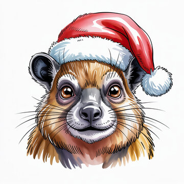 Cute tree hyrax illustration wearing a festive red Santa hat. Ideal for Christmas designs, holiday greetings, and seasonal projects, this whimsical animal brings joy
