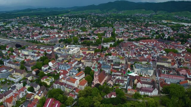 Aerial view of the old town of the city Offenburg in Germany. On a sunny spring day.