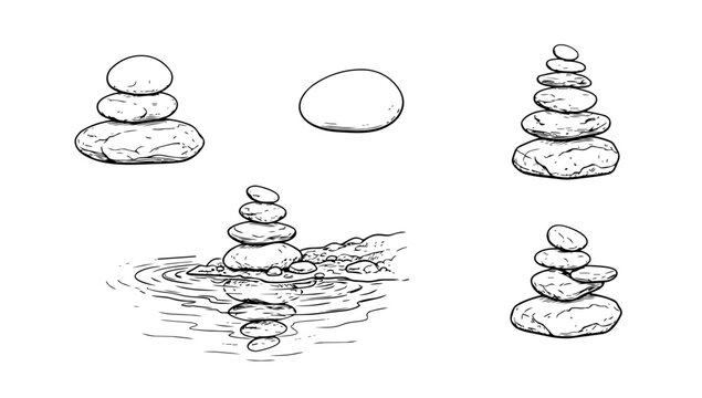 Line illustration of balanced stones and zen composition, representing meditation, calm lifestyle, mindfulness, and peaceful natural harmony design concepts.