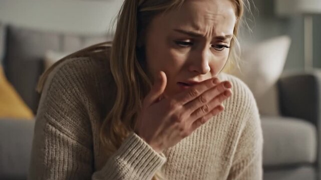 A young woman with a distressed expression covers her mouth, depicting suffering from nausea.