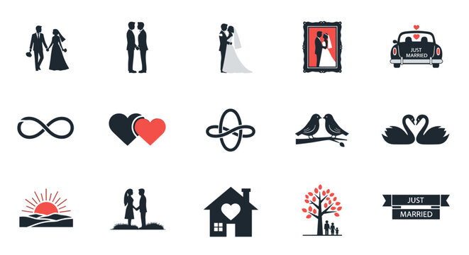 Collection of wedding and engagement icons symbols and concepts 