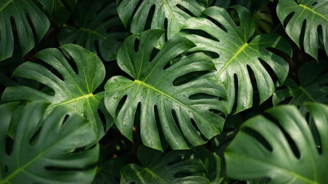 Close Up Monstera Leaves Dense Green Foliage Jungle Canopy.