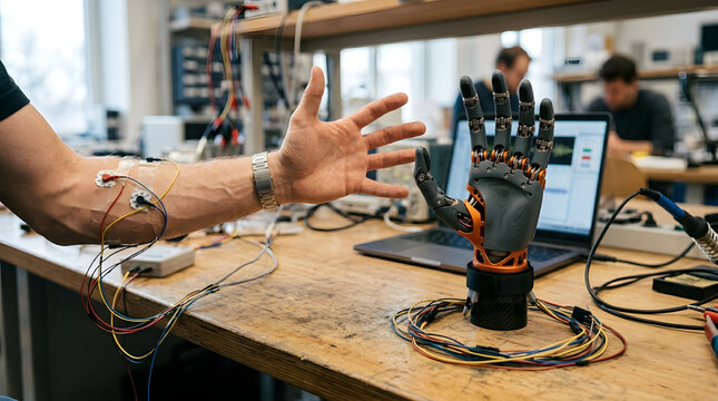 Prosthetic robotic hand controlled by human arm muscle sensors in a lab