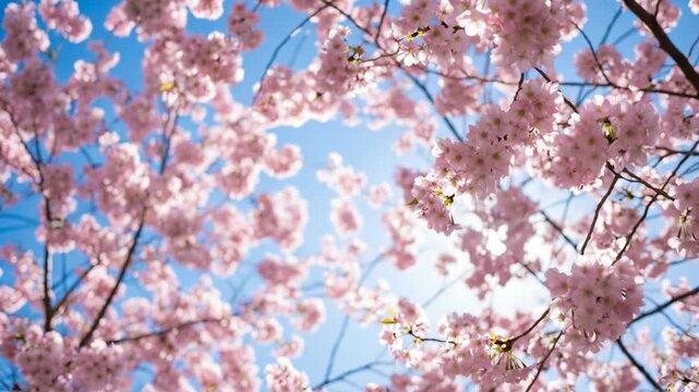 Cherry blossoms bloom against a bright blue sky with sunlight filtering through.