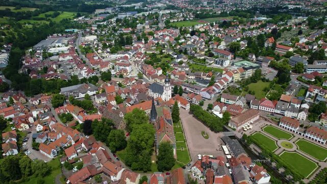 Aerial view of the old town of the city Erbach im Odenwald in Germany. On a sunny spring day.