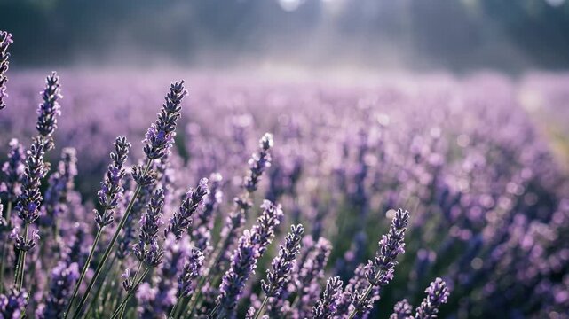 Lavender field in soft morning light stretching to horizon.