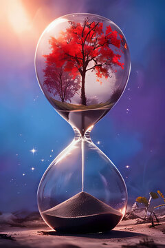 clessidra dove al suo interno cresce una pianta il cui terreno scorre lentamente nella parte inferiore dello strumento per contare il tempo, hourglass where inside grows a plant whose soil flows slow