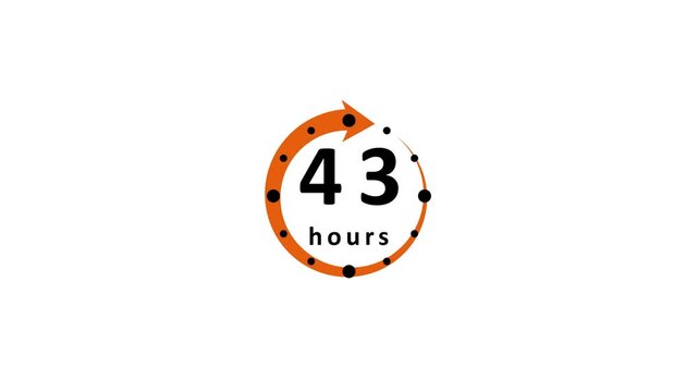 A of a circular arrow with the number 43 and the word hours in black, set against a white background, symbolizing time or a duration