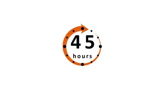 Featuring a circular orange arrow and black dots, with the number 45 and the word hours in black text on a white background indicating time
