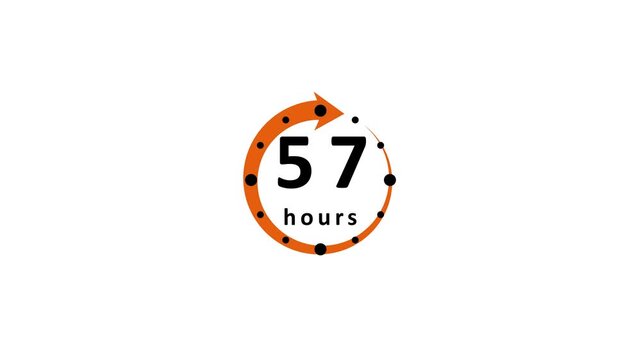Circular orange arrow with black dots and the number 57 in large black font above the word hours in smaller black font on a white background representing time elapsed or remaining