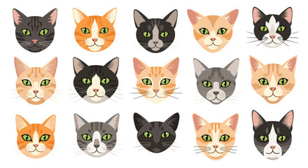 Naklejka premium Diverse grid of fifteen cat faces showing a wide range of breeds and colors from black and white tuxedo to bright orange tabby patterns.