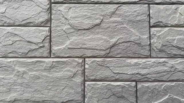 Close-up grey stone facade panel showing textured masonry and grout lines, staggered rectangular modules with visible seams.