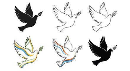 Fototapeta premium Collection of six dove of peace illustrations in various artistic styles including solid black silhouette and colorful outlined versions with branches.