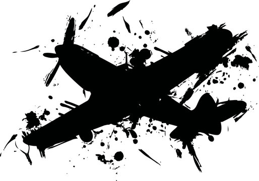 Airplane silhouette with black ink splatter background abstract vintage aircraft design in grunge