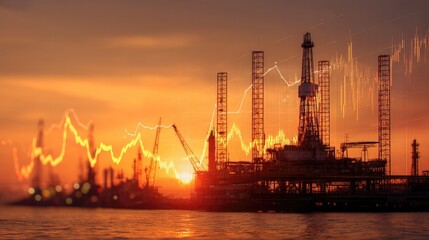 Obraz premium Sunset Over Oil Rig with Rising Graph Line Symbolizing Growth