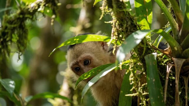 Capuchin Monkey Peeking Through Lush Green Jungle Foliage.