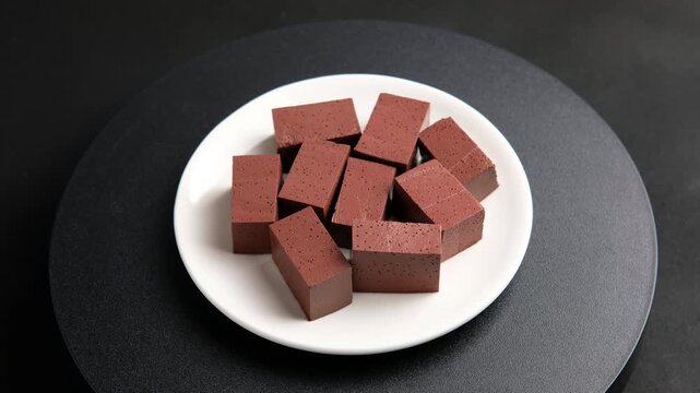 Sliced duck blood curd on white plate.also known as "blood tofu" or "blood pudding" .