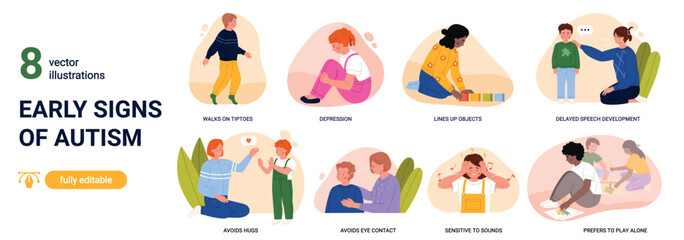 Fototapeta premium Educational infographic showing early signs of autism in children, delayed speech, sensory sensitivity, social withdrawal and repetitive behaviours, isolated on white background vector illustration