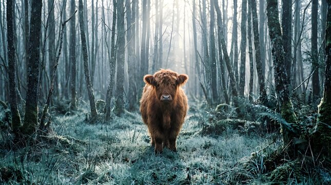 Highland Cow Standing in a Misty Enchanted Forest at Dawn