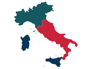 Fototapeta premium Geographical division of italy by two colored regions on a map