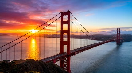 Fototapeta premium Golden Gate Bridge at Sunrise with Vibrant Orange Sky and San Francisco Skyline
