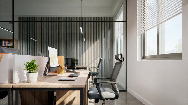 Bright and modern office workstation with computer monitor displaying graphs, near a sunlit window with blinds.