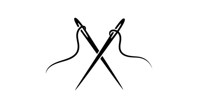 Needles crossed with thread in minimalist black and white featuring sewing, crafting, illustration with