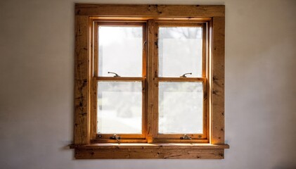 Obraz premium Medium shot of traditional doublehung wood windows featuring singlepane glass highlighting classic craftsmanship and timeless wooden frame details.