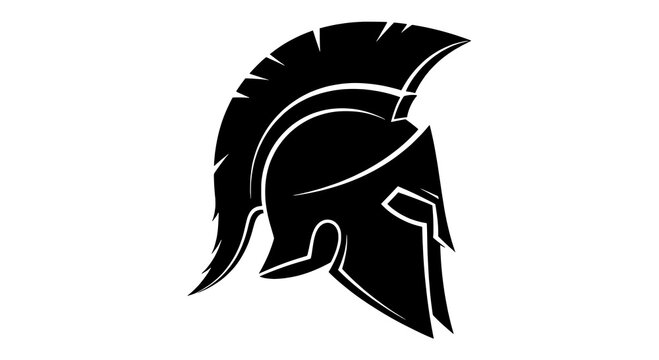 Helmet Spartan warrior silhouette icon with crest plume and visor, bold monochrome emblem featuring greek,