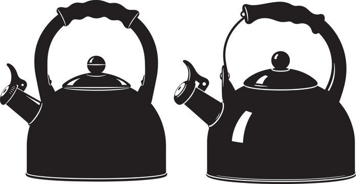 Two black stovetop kettles with handles and spouts isolated on white background tea kettle hot beverage flat design drink dispenser cooking pot stovetop kitchenware cookware container