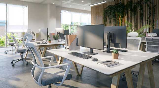 Modern empty open-plan office showcasing multiple workstations, ergonomic chairs, computers, and green plants.