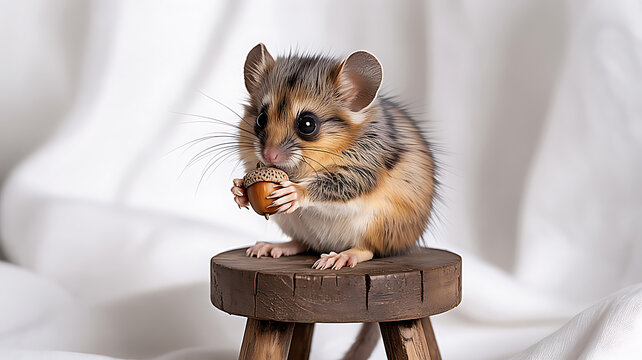 Edible Dormouse on a wooden stool with White Background, High Resolution Wildlife Image