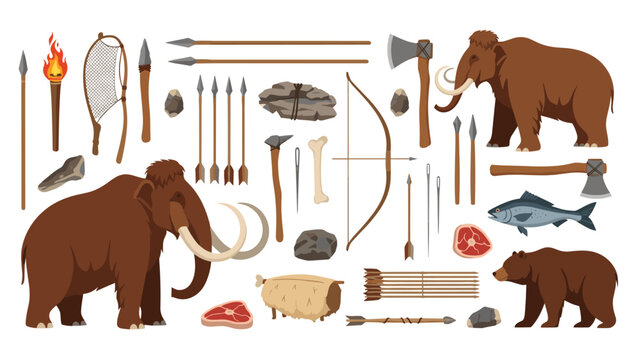 Comprehensive collection of prehistoric stone age tools and animals including mammoths and bears for educational archaeology themes.