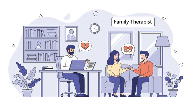 Professional family therapist providing psychological support to a young couple on a sofa in a modern clinic office setting.