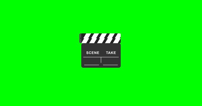 Animated flat vector movie clapperboard pop in and clap closing isolated on green screen
