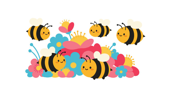 Adorable group of smiling honey bees flying around a colorful cluster of spring flowers in a cute whimsical illustration.